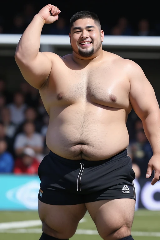 ((highest quality)), ((masterpiece)), (detailed), ((Perfect Face)), 4k, Shaved head, Young Japanese, Muscular, Fat body, Very big man, smile, ((showing off crotch))A large Japanese man topless、whole body、Rugby last week、Thick legs、Thick arm muscles、Intimidating、whole body、wearing a very tight black shorts