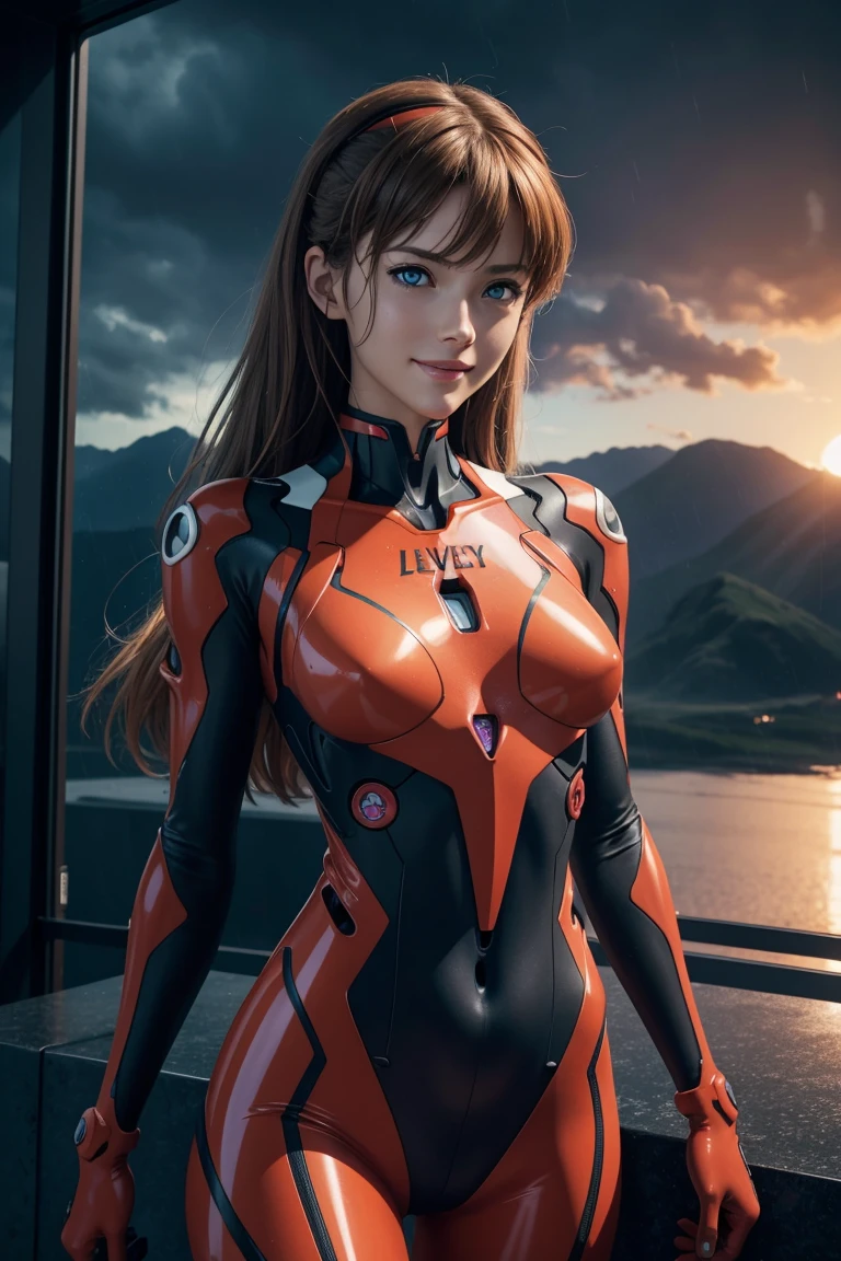 Evangelion,Asuka Langley,blue eyes,Plug Suit,Bodysuits,Interface Headset,赤いBodysuits,Ultra HD,super high quality,masterpiece,Digital SLR,Photorealistic,Detailed details,Vivid details,Depicted in detail,A detailed face,Detailed details,Super Detail,Realistic skin texture,Anatomical basis,Perfect Anatomy,Anatomically correct hand,Anatomically correct fingers,Complex 3D rendering,Sexy pose,Rainy Sky,Beautiful scenery,Fantastic night sky,Picturesque,Pink Lips,smile,