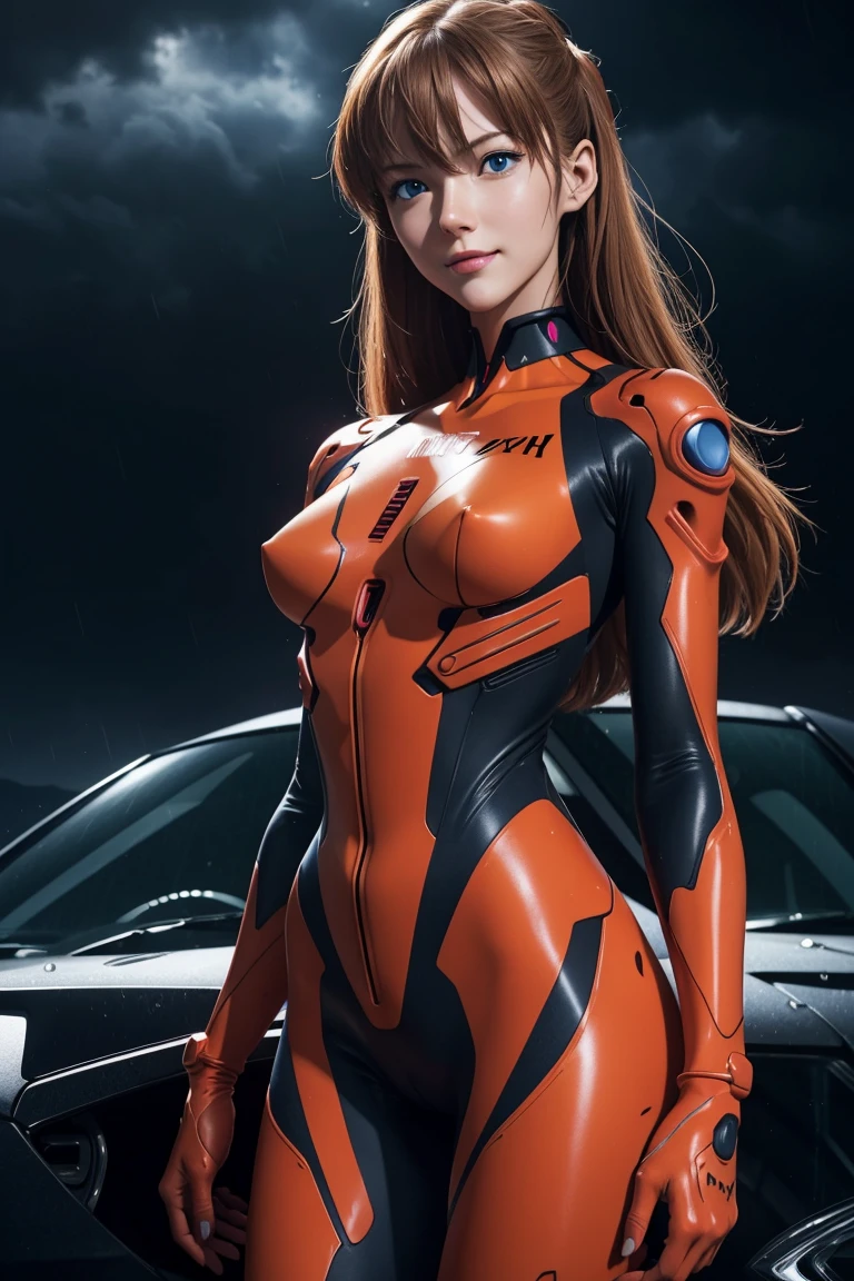 Evangelion,Asuka Langley,blue eyes,Plug Suit,Bodysuits,Interface Headset,赤いBodysuits,Ultra HD,super high quality,masterpiece,Digital SLR,Photorealistic,Detailed details,Vivid details,Depicted in detail,A detailed face,Detailed details,Super Detail,Realistic skin texture,Anatomical basis,Perfect Anatomy,Anatomically correct hand,Anatomically correct fingers,Complex 3D rendering,Sexy pose,Rainy Sky,Beautiful scenery,Fantastic night sky,Picturesque,Pink Lips,smile,