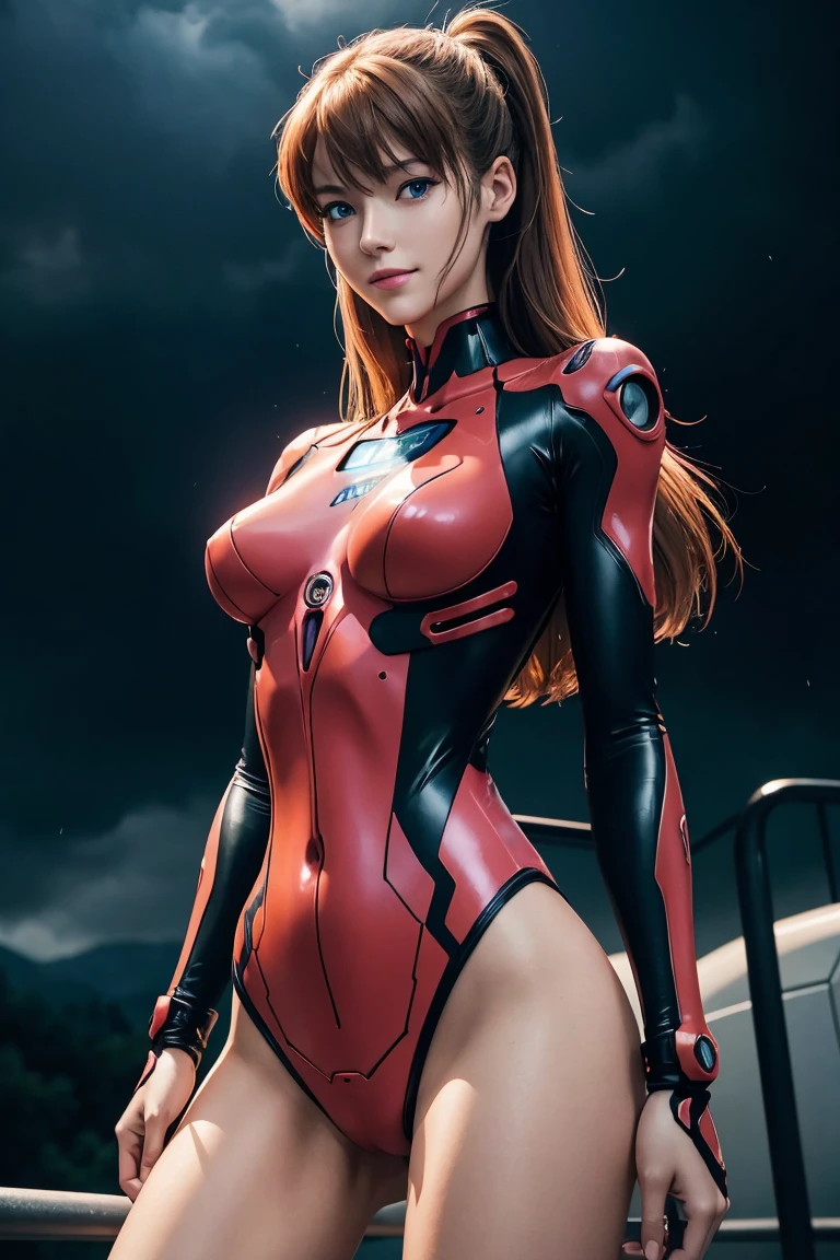 Evangelion,Asuka Langley,blue eyes,Plug Suit,Bodysuits,Interface Headset,赤いBodysuits,Ultra HD,super high quality,masterpiece,Digital SLR,Photorealistic,Detailed details,Vivid details,Depicted in detail,A detailed face,Detailed details,Super Detail,Realistic skin texture,Anatomical basis,Perfect Anatomy,Anatomically correct hand,Anatomically correct fingers,Complex 3D rendering,Sexy pose,Rainy Sky,Beautiful scenery,Fantastic rainy sky,Picturesque,Pink Lips,smile,