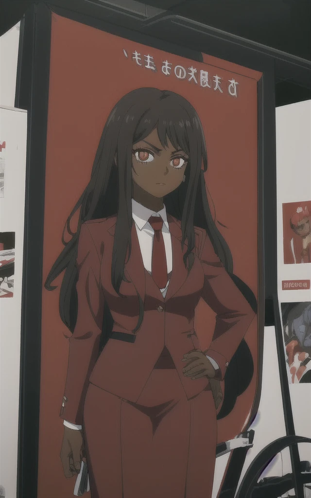 Dark skinned business women in a red blazer skirt suit with a blouse underneath