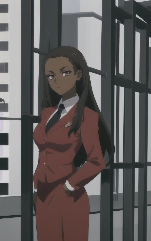 Dark skinned business women in a red blazer skirt suit with a blouse underneath 