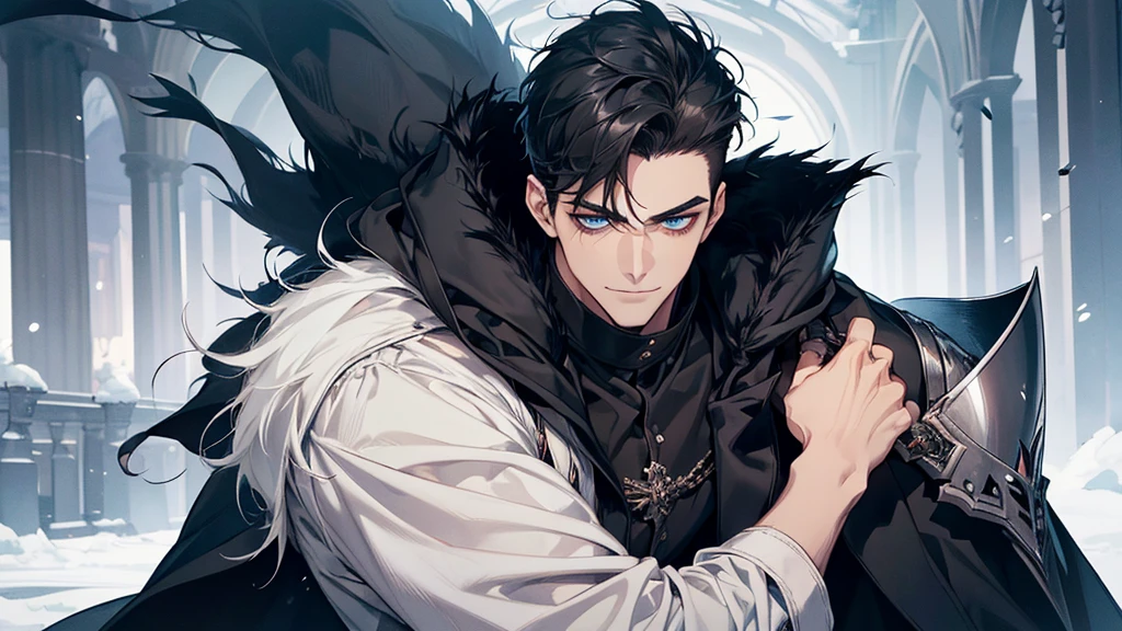 Masterpiece, Highest quality, Heavy snow, Cold Weather, realistic, 1 person, mature man, A quiet and charming young man, 30 years old, smile, gag, Portrait, Highly detailed face, 寒さとsmile, ((blue eyes)), ((black short hair)), [Thick eyebrows], dark palace, ((black long coat)), ((all black)), (blue eyes) ,Short Black Quiff Hair with Soft Fringe, handsome , muscle, Facial expressions, Black Knight Armor , black fur shawl(Masterpiece,best quality,special, (Broad shoulders)) (muscle), male focus, Hand holding a long sword,black two handed sword, His black sword rose high., Face gigantic and terrifying monsters.. Describe the man&#39;s appearance., Details of his sword, Characteristics and characteristics of monsters, and convey the tension and power of the encounter.."