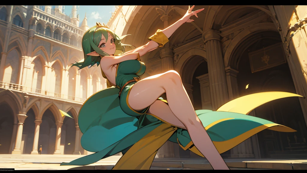 Anime Style,Nostalgic,A detailed background with many people,The medieval world,A palace-like cave,Smiling dancing elf girl,Large Breasts,Healthy thighs,Underarm