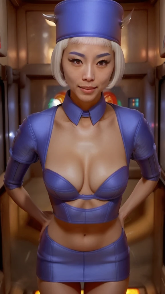 stewardess, 1girl, 19, Japanese skin, super tight uniform, short skirt, in the style of fifth element, UHD, 8K, DSLR, intricate details, realistic, 