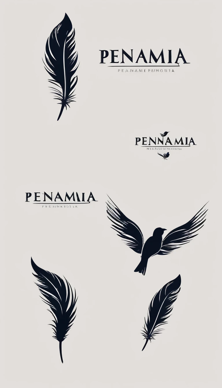Create a minimal, modern, simple, inspirational, memorable, dream like logo design of a boy and a feather for the brand “Penamemoria".