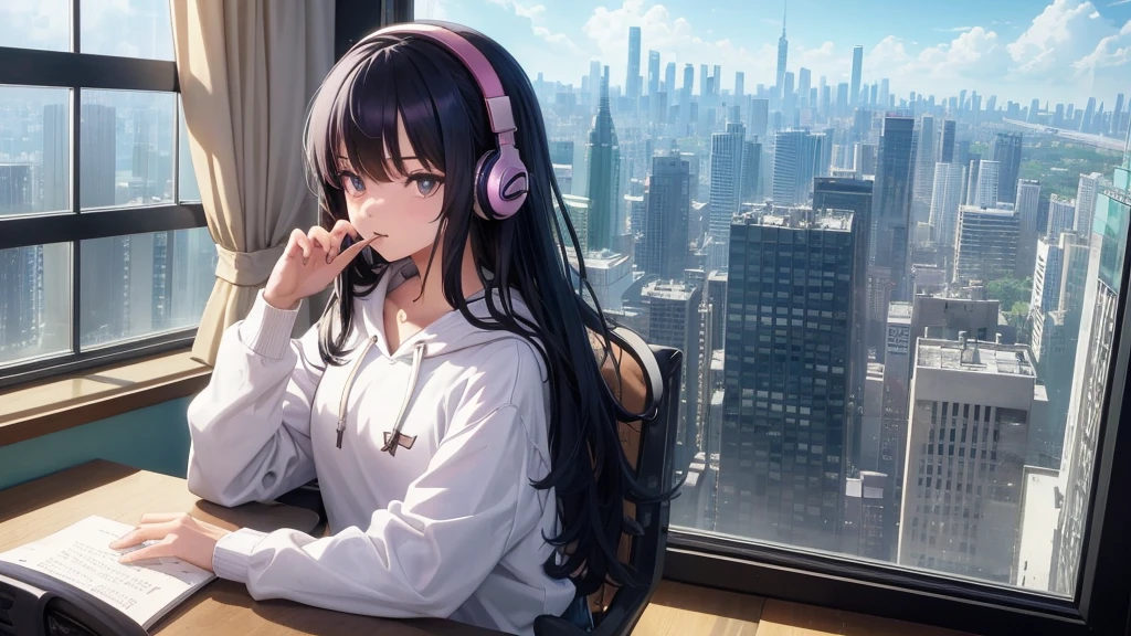 Ultra-high resolution, 8K, (Official Art, beautifully、mysterious:1.2), Anime Art Wallpaper, Works by Makoto Xin Haicheng, Lofi Art Style, Correct human body composition, Striking eyes, Oversized hoodie and short skirt, Shiny long black hair, Larger than average bust, Girl listening to music with headphones, Looking out the window, Sitting, Coffee on the desk, lo-fi girl, Anime atmosphere, Anime Aesthetics, Lo-fi feel, City Room, Teenage Girl's Room, A room for music lovers, city view from the window, Impressive cityscape, Bright Sky