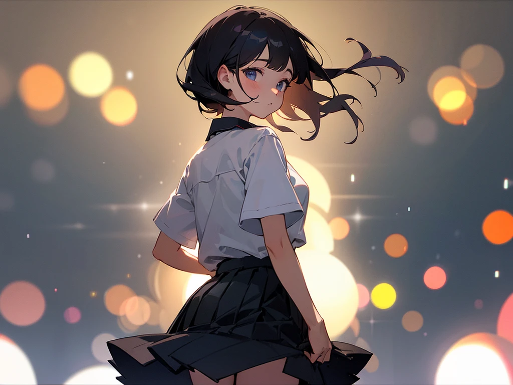 female, 1girl, solo, white shirt short sleeve, collar shirt, black pleated skirt, from behind view, cowboy shot, night, (bokeh:1.3), street, looking at viewer, cute face, dark theme,
