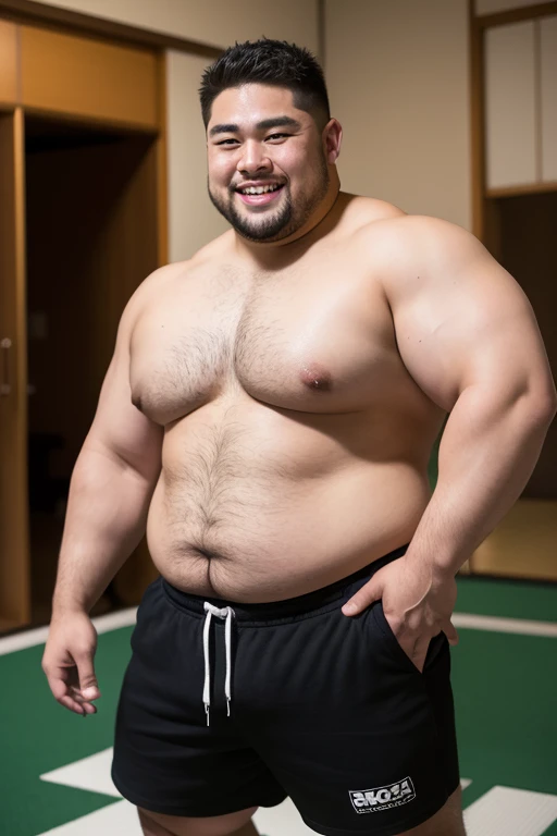 ((highest quality)), ((masterpiece)), (detailed), ((Perfect Face)), 4k, Shaved head, Young Japanese, Muscular, Fat body, Very big man, smile, ((showing off crotch))A large Japanese man topless、whole body、Rugby last week、Thick legs、Thick arm muscles、Intimidating、whole body、wearing a very tight black shorts