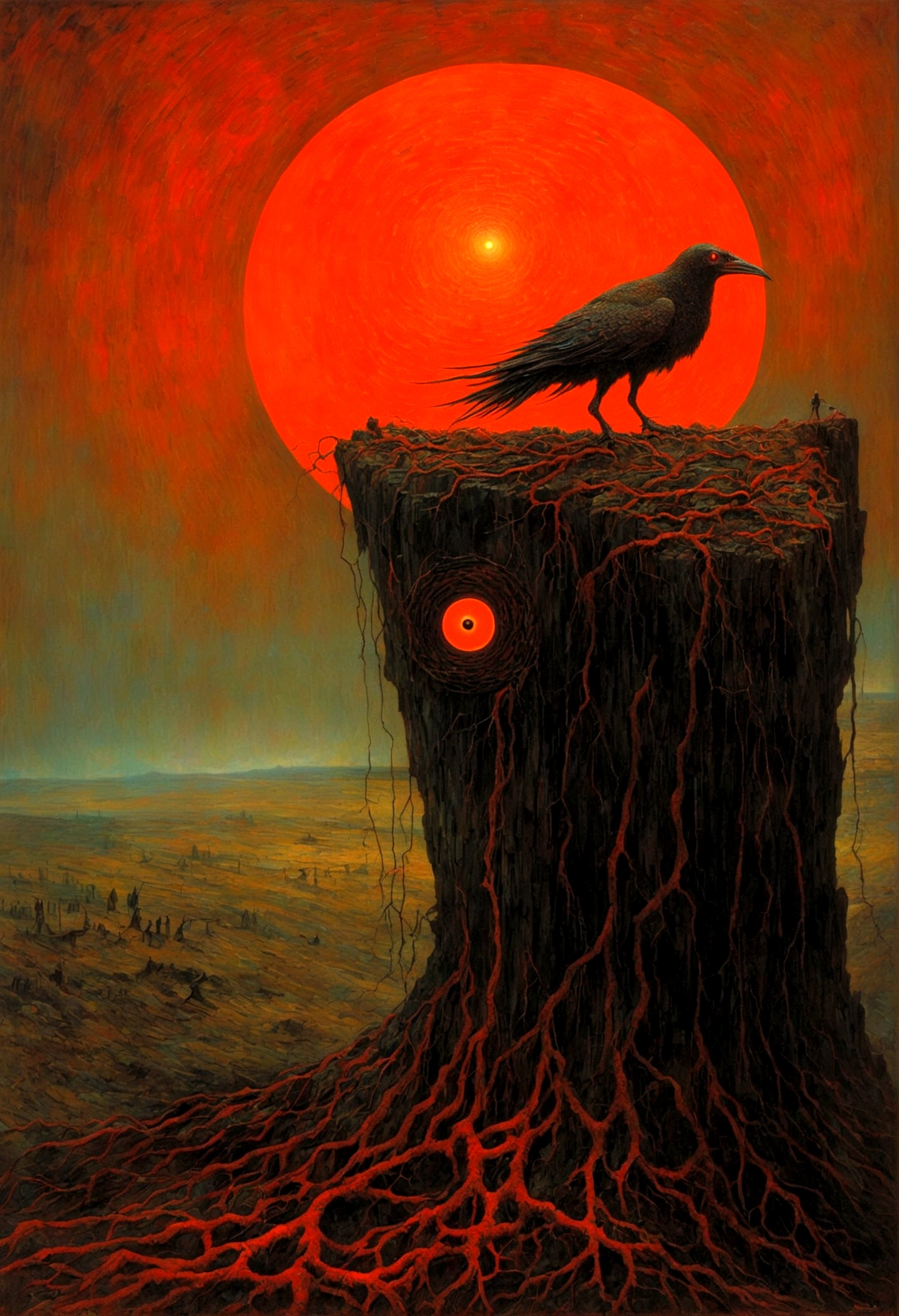 Mythical creatures, author：Zdzislaw Beksiński and Vincent van Gogh, Red moon and big eyeucha