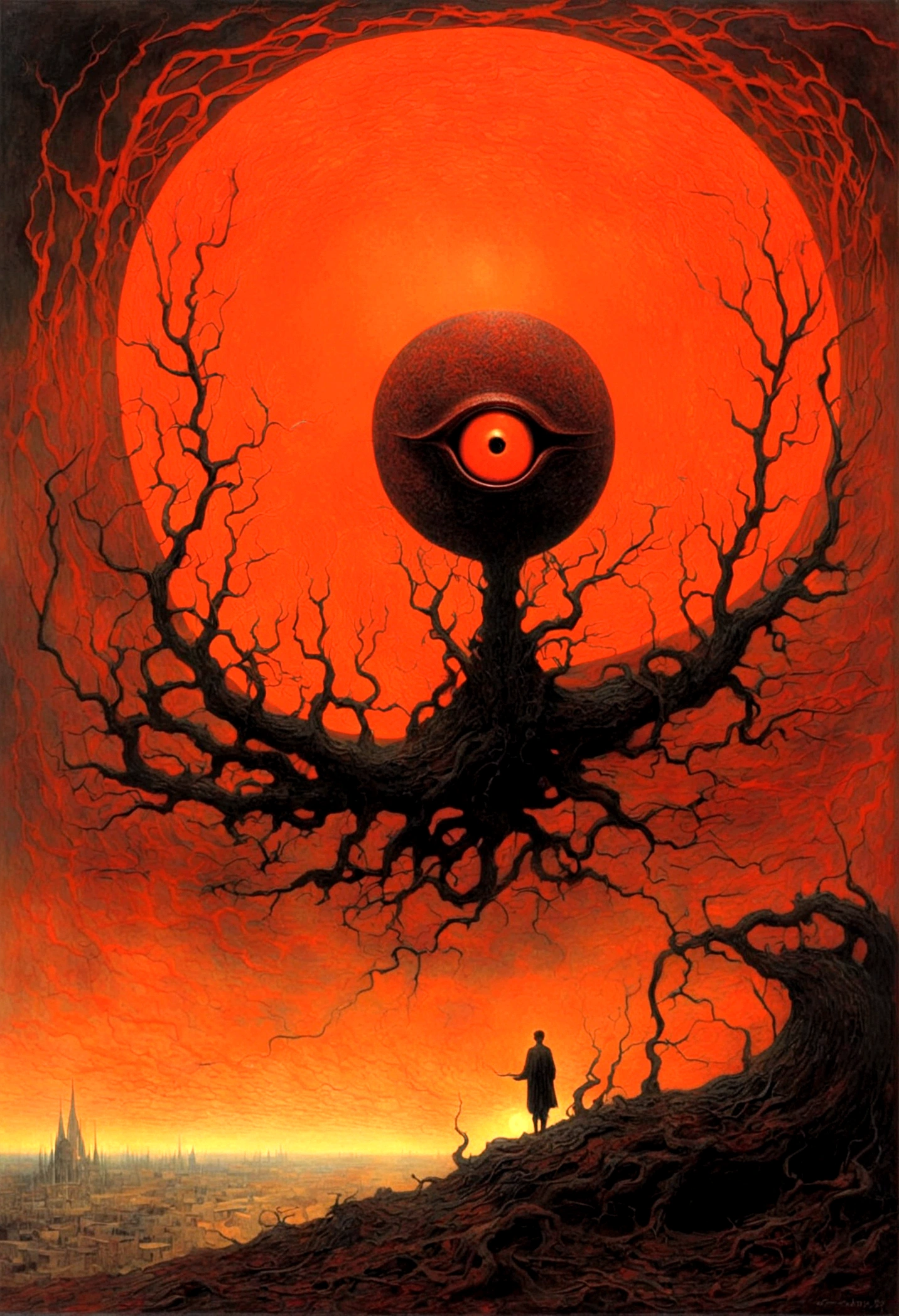 Mythical creatures, author：Zdzislaw Beksiński and Vincent van Gogh, Red moon and big eyeucha