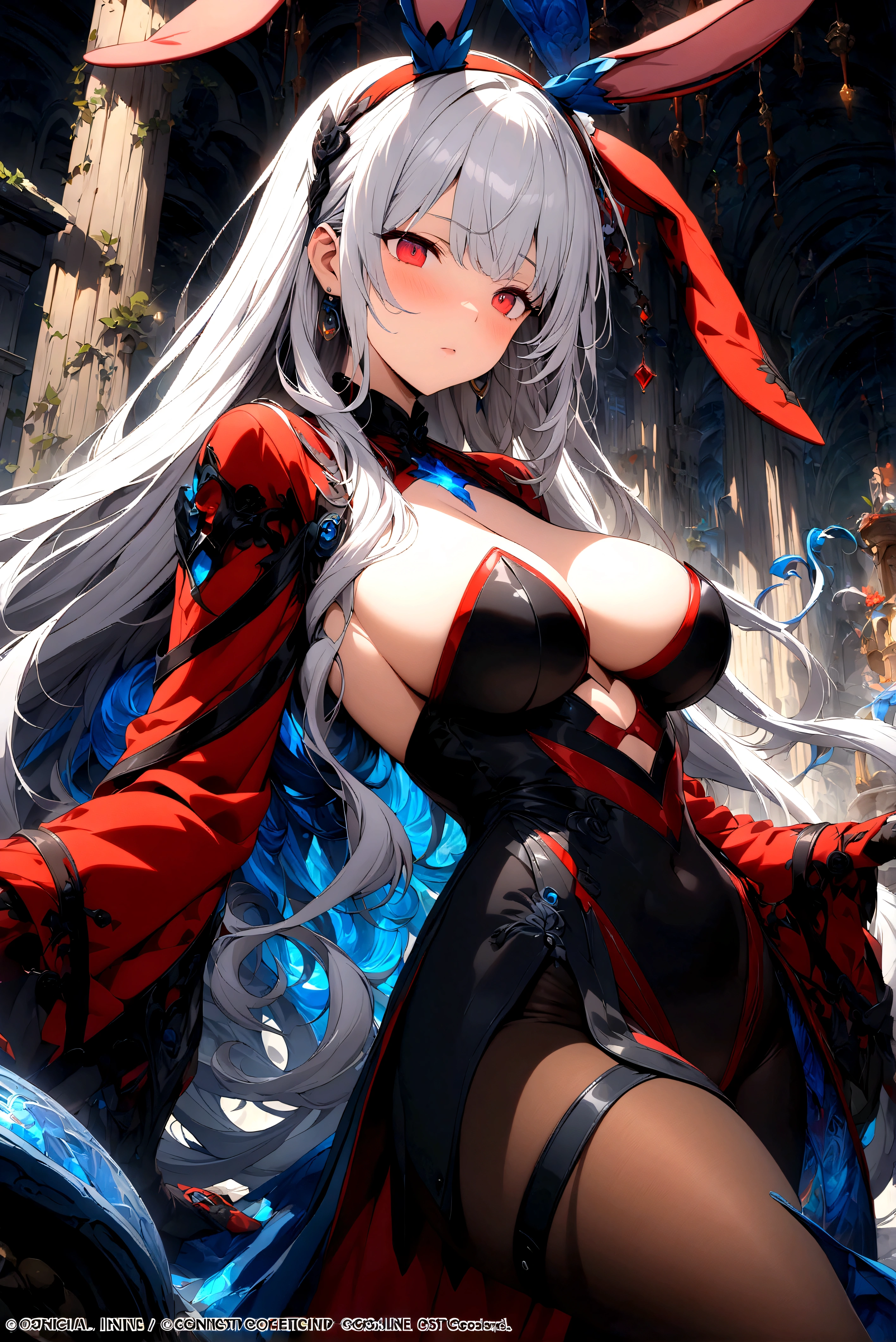 (masterpiece, Top quality, best quality, Official Art, Beauty and aesthetics: 1.2), Very detailed, Fractal Art, rich and colorful, Most detailed, tangled, (1 Girl), White hair, Long hair, (Glittering red eyes), Large Breasts, mystery, Tights, Sexy, ((Blue Mech, Rabbit ears))