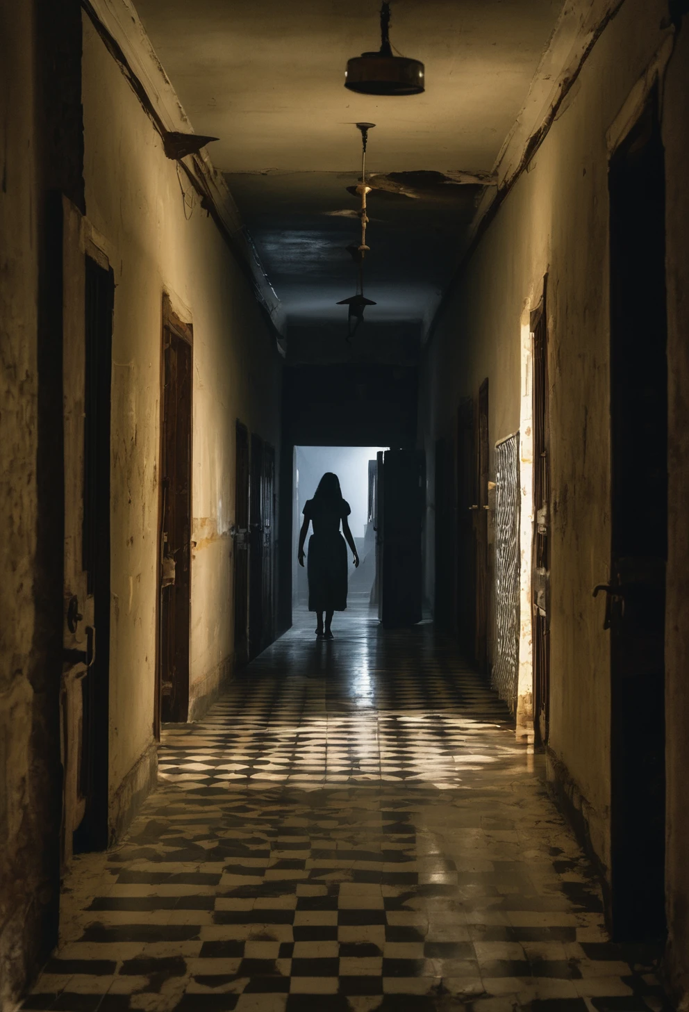 An angry woman and a shadow move silently through the maze-like corridors of an abandoned asylum, their footsteps echoing in the empty halls as they search for the truth behind the institution's dark secrets.,Isle of the Dolls, Mexico, Surrounding Fog Lights, 80s horror movie stills