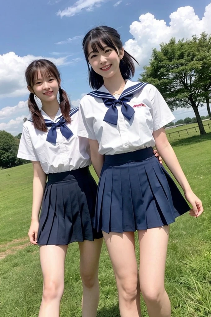 {2 | 3 | 4} girls walking in rural school field,cumulonimbus cloud in summer sky,white sailor shirt with red bow tie,navy blue pleated skirt fluttering up,white thong,18-year-old,bangs,a little smile,thighs,knees,short hair with low pigtails bunches,from below,front light