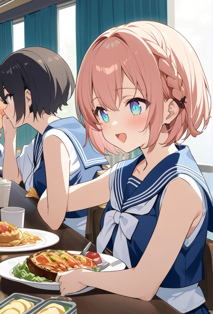 You are a professional illustrator。Please carefully check and draw the illustration according to the following conditions.。High school students enjoying their lunch in a crowded cafeteria、Delicate and beautiful anime face、Clear Eyes、Sailor suit、Braided short hair、