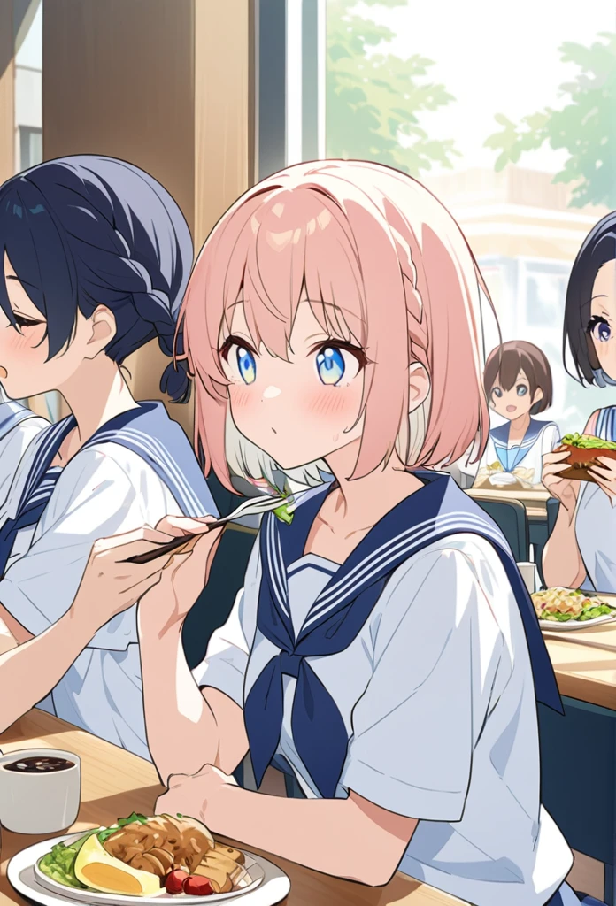 You are a professional illustrator。Please carefully check and draw the illustration according to the following conditions.。High school students enjoying their lunch in a crowded cafeteria、Delicate and beautiful anime face、Clear Eyes、Sailor suit、Braided short hair、