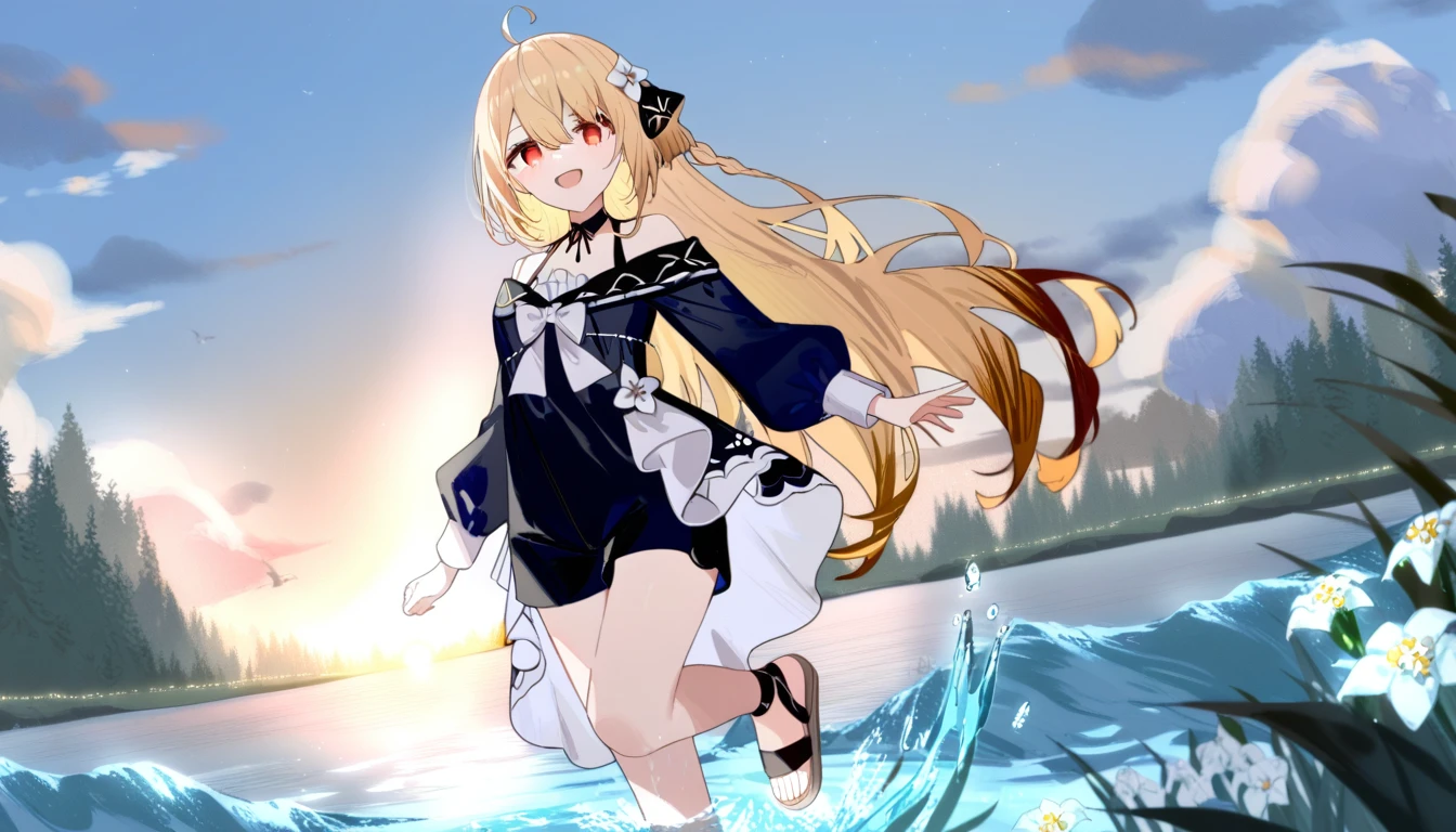 1girl, ciloranko:1.1, noyu \(noyu23386566\), wanke, minato_ojitan, (z282g:1.3), studio anime, anime screencap, official art, absurdres, best quality, perfect anatomy, newest, new, empty eyes, red eyes, solo, outdoors, long hair, shorts, water, ahoge, looking at viewer, long sleeves, sunset, standing, bare shoulders, hair ornament, black shorts, sandals, smile, wading, open mouth, sky, standing on one leg, shirt, flower, sun, hair between eyes, short shorts, blonde hair, very long hair, :d, dress, white flower, outstretched arm, cloud, off shoulder, black footwear, painterly, oil painting style:1.1, muted colours, evening light, dark lighting, oil painting,