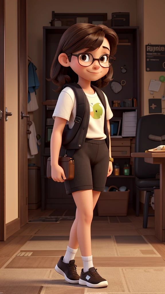 Masterpiece, Best Quality, High resolution, extremely detailed, detailed background, cinematic lighting, 1 girl, walking , gym, black and black oversized fitness shorts, Hearing aids , SMILE, schoolbag, standing, long dark brown straight hair, with fringe, medium brunette with black glasses dark brown eyes 