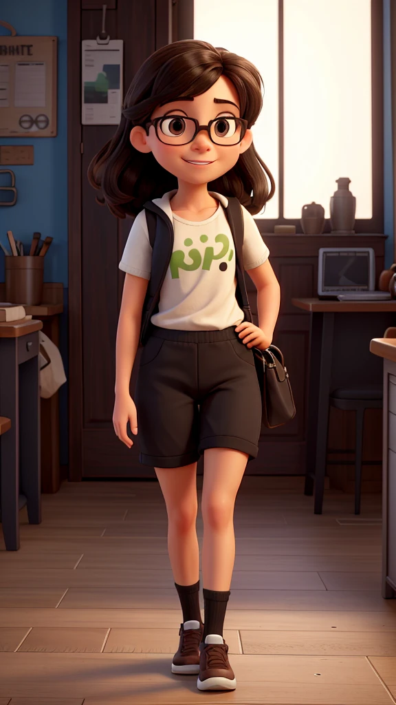 Masterpiece, Best Quality, High resolution, extremely detailed, detailed background, cinematic lighting, 1 girl, walking , gym, black and black oversized fitness shorts, Hearing aids , SMILE, schoolbag, standing, long dark brown straight hair, with fringe, medium brunette with black glasses dark brown eyes 