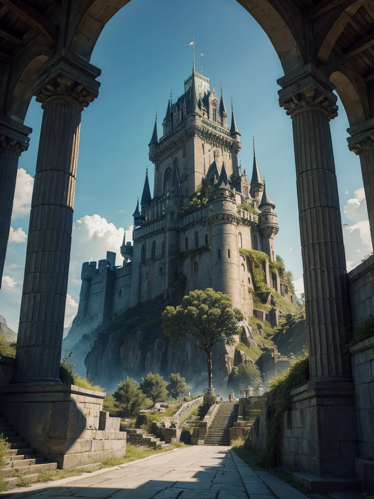 A warrior woman with her back turned, looking into the distance a kingdom, A beautiful castle stands out, guarded by a high wall and stone giants., watchtowers can be seen, the view is wide, from the bottom of the jacket. The kingdom looks big and prosperous with hanging gardens.

Hyperealismo, cinematic style, Ultra realism, HDR, cinematic lighting, unity rendering, high detail, 4k resolution, vfx effects.
