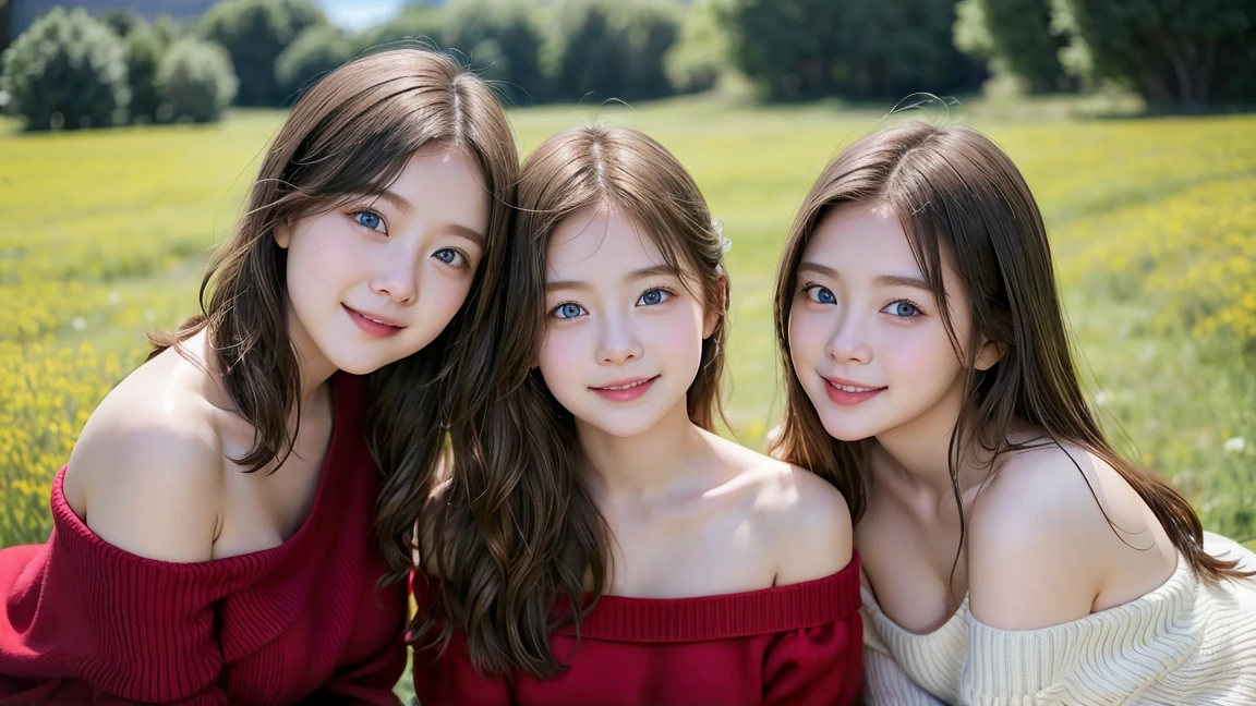 (3 girls), Young faceอินโดนีเซีย, 12 years,smile, white skin, Round breast, blue eyes,((Wear a red off-the-shoulder sweater.))Masterpiece, Highest quality, 8K, beautiful girl, Young face、 photography, Cute face, thigh,In the meadow, Embarrassing、รอยsmile、((((((อายุ 12 years))))))、small waist、 ((Busty breasts))