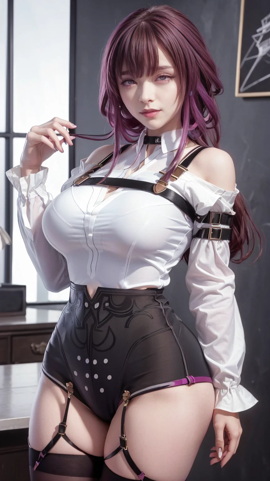 ((masterpiece)),((Highest quality)),High resolution,Extremely detailed CG,Perfect lighting,8k wallpaper, One Girl,Purple Hair,Very long hair、Very large breasts、Very big ass、very thick legs、smile、Short skirt、black tights、White Shirt、(nsfw)