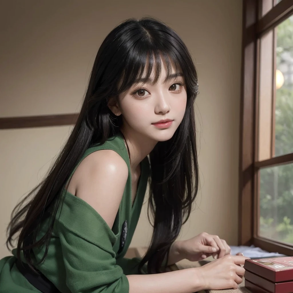 masterpiece, best picture quality, high quality, beautiful girl, Japanese, Japanese school girl, popular Korean makeup, detailed, swollen eyes, detailed eyes, detailed skin, beautiful skin, ultra high resolution, (reality: 1.4), very beautiful, slightly younger face, beautiful skin, slender, (ultra realistic), (illustration), (high resolution), (8K), (highly detailed), (best illustration), (beautifully detailed eyes), (super detailed), (wallpaper), (detailed face), looking at viewer, fine details, detailed face, pureerosfaceace_v1, smiling, looking straight ahead, looking straight ahead, angle from waist up, realistic photo, bright lighting, professional lighting, black hair (some green), long hair, dark ruins, big red moon, gorgeous red and black dress, mature woman, long stylish bangs, A woman, nestled in the plush, white linens of her hotel bed, captures a serene (selfie:1.8) just after waking up. She’s wearing a soft, silk nightgown, with the morning light filtering through sheer curtains behind her. Her expression is peaceful, with a subtle smile, embodying a relaxed start to the day. The opulent headboard and the fluffy pillows frame her, highlighting the luxury of her surroundings