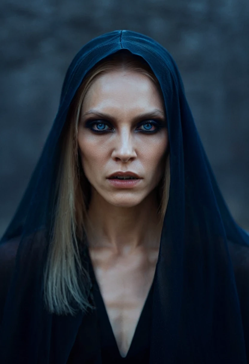 Fashionable of androgynous alien looking witch wearing veil, glowing eyes, beautiful evil slavic muscular woman, pale skin, long hair, futuristic design, minimal details, givenchy, photoreal, 200mm, hd, f/ 2.0, highly detailed, surreal , drop dead, in the style of red and blue, (intricate details, hyperdetailed:1.15) (skin texture:1.2), cinematic, professional, 4k, dynamic model pose, sitting, full body