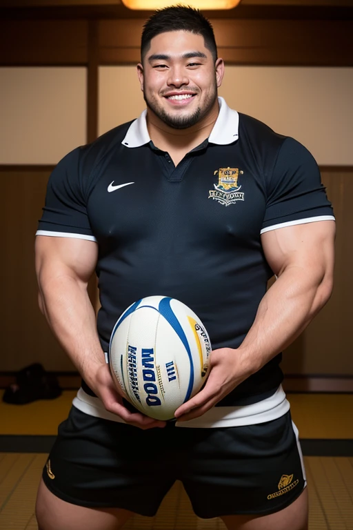 ((highest quality)), ((masterpiece)), (detailed), ((Perfect Face)), 4k, Shaved head, Young Japanese, Muscular, Fat body, Very big man, smile, ((showing off crotch))A large Japanese man topless、whole body、Rugby last week、Thick legs、Thick arm muscles、Intimidating、whole body、wearing a very tight black shorts