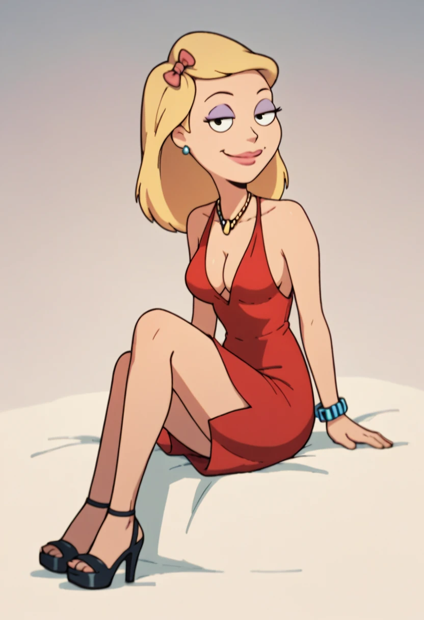 becky, 1girl, blonde hair, solo, breasts, cleavage, red dress, earrings, makeup, hair bow, necklace, high heels, medium breasts, bare legs, bare shoulders, smile, bracelet, lipstick,looking at viewer, score_9, score_8_up, score_7_up, score_6_up,