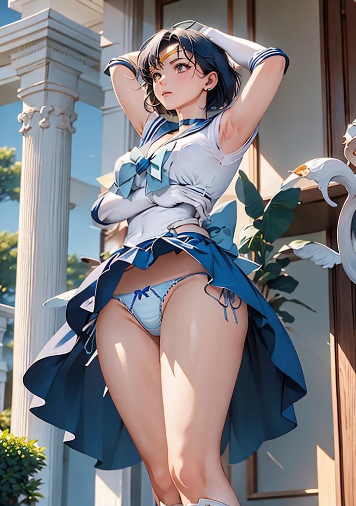 masterpiece, Highest quality, High resolution, Realistic, Show more1, tiara, Sailor Warrior Uniforms, Blue Skirt, Blue sailor collar, tiara, bow, Knee Boots, choker, White gloves, blue choker, elbow gloves, jewelry, Earrings, Pleated skirt, Cowboy Shot, Garden with lots of blue flowers in the background, Raise your arms above your head, Angle from below, ((Showing panties:1.3))