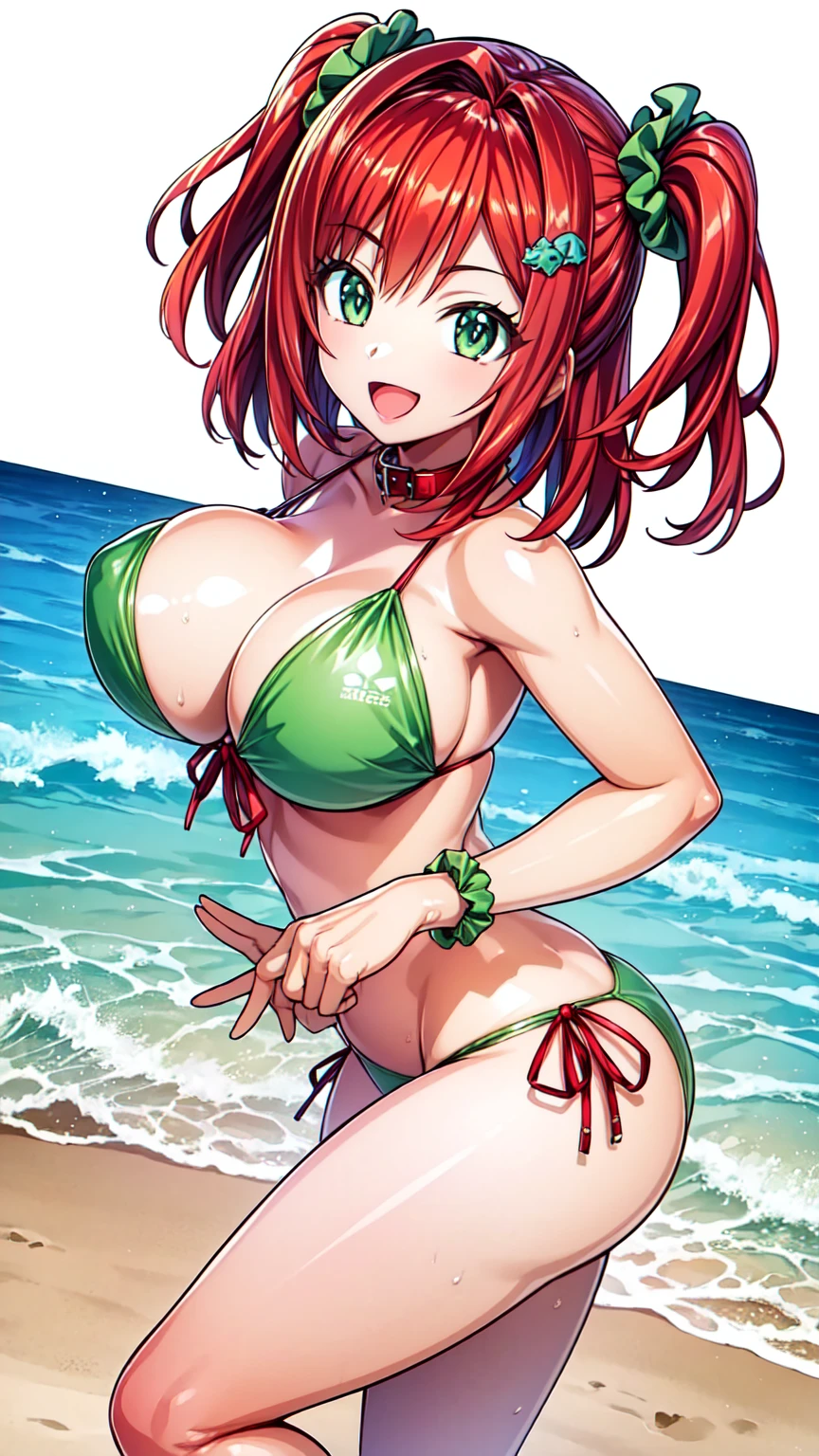best quality, masterpiece, extremely detailed CG, official art , professional lighting, detailed background, 
sakimiyairuka, red hair, green eyes,(one side up), medium hair, side ponytail, green scrunchie, hair ornament, gleaming skin, big breasts, big ass, 
micro bikini, pussy line, smile, collar, beach, 