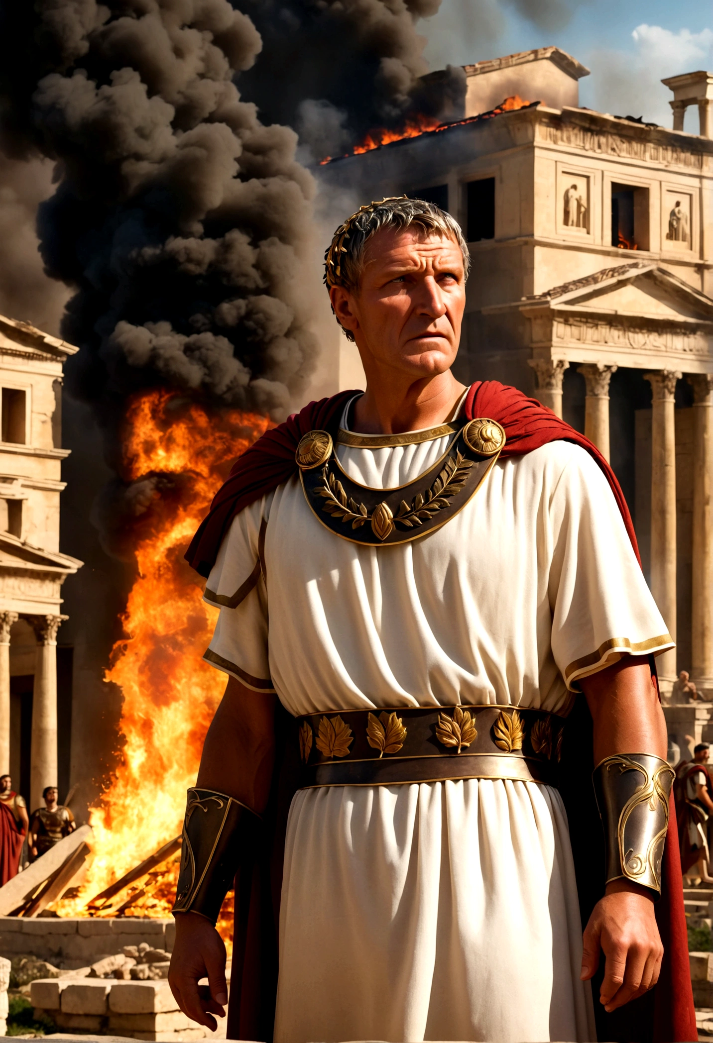 "A detailed image of distressed Roman homeowners in ancient Roman attire, watching helplessly as their properties burn in the background. Flames and smoke rise from the buildings, showing the destruction. Marcus Crassus, wearing a laurel wreath and Roman attire, stands nearby with a confident expression. The scene captures the despair and helplessness of the homeowners, with burning Roman architecture in the background."
Size: "1024x1024"