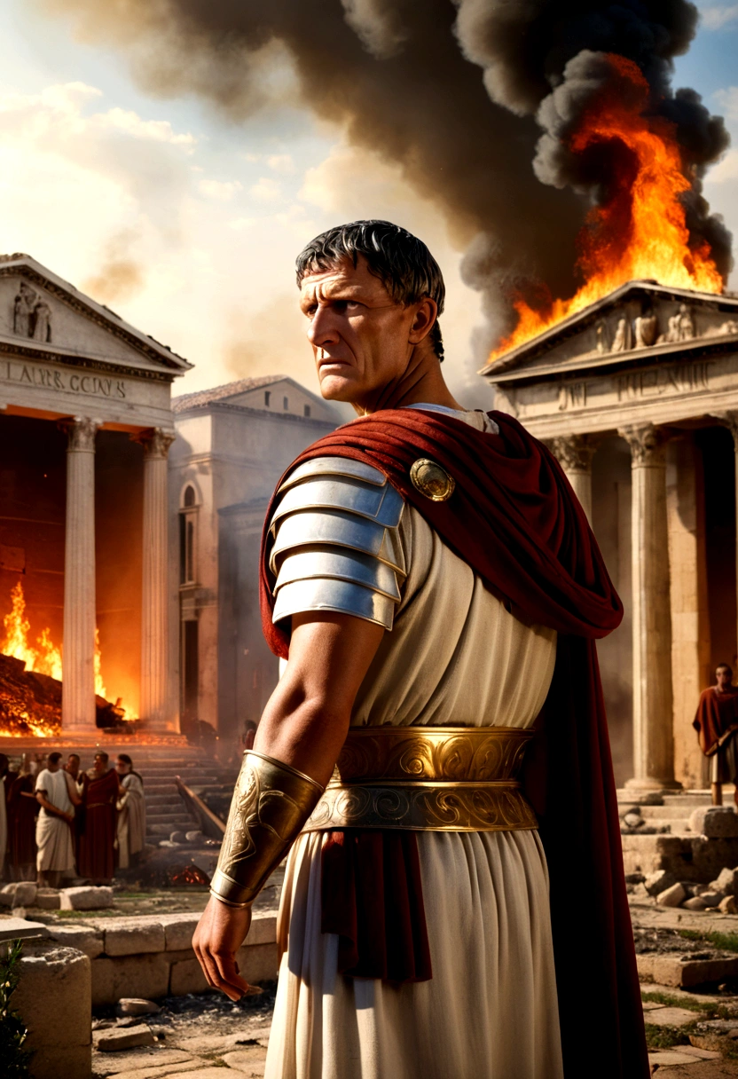 "A detailed image of distressed Roman homeowners in ancient Roman attire, watching helplessly as their properties burn in the background. Flames and smoke rise from the buildings, showing the destruction. Marcus Crassus, wearing a laurel wreath and Roman attire, stands nearby with a confident expression. The scene captures the despair and helplessness of the homeowners, with burning Roman architecture in the background."
Size: "1024x1024"