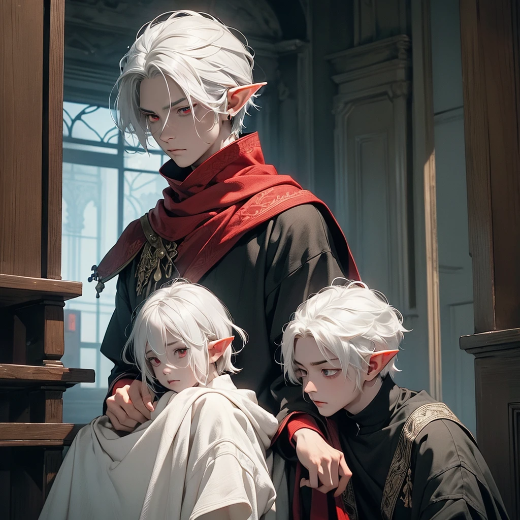 one young elf man, grey skin, white hair, red eyes dark clothes, tired, sad