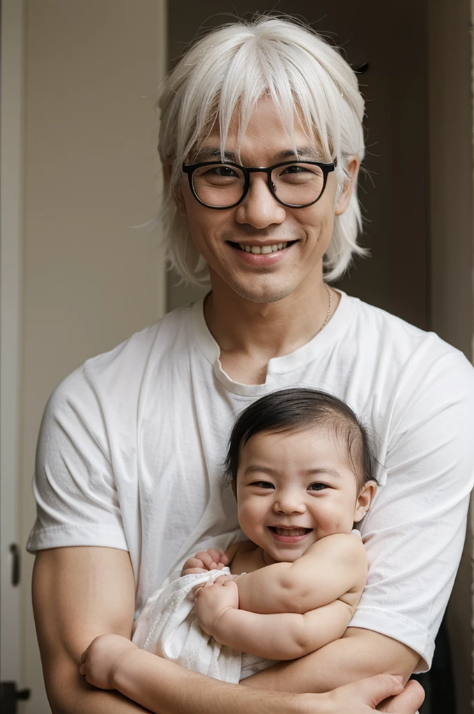 1 chico, Satoru gojo, White hair, long eyelashes, dark glasses, big smile, holding a baby in arms