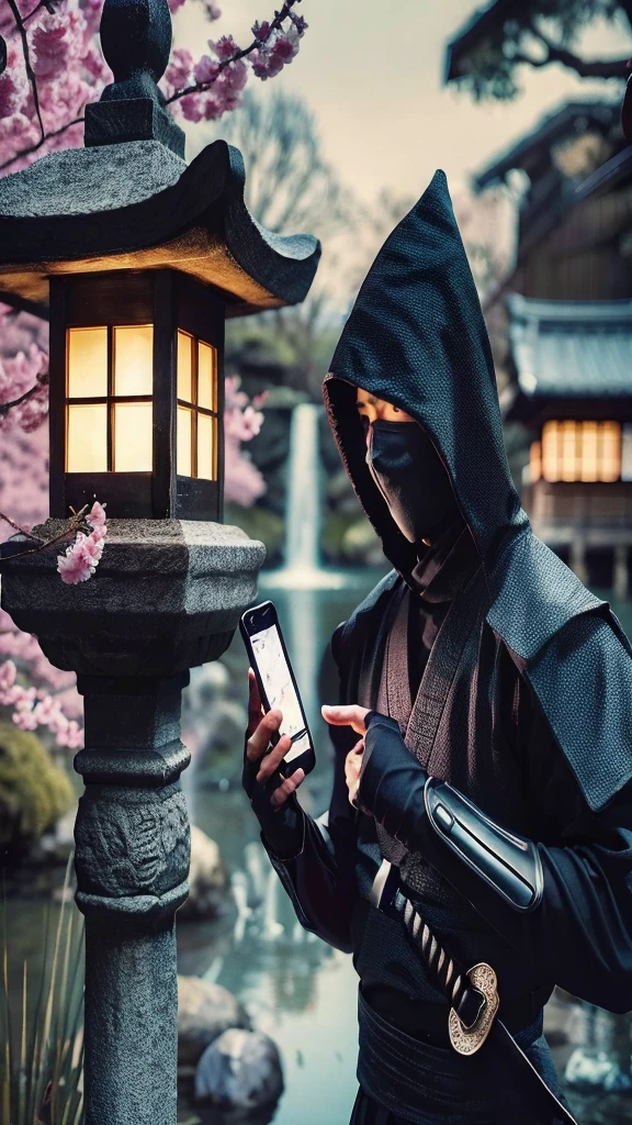 "A ninja in traditional black attire, with a hood and mask covering the face, using a modern smartphone. The setting is a serene Japanese garden with a pond and cherry blossoms in the background. The ninja stands near a stone lantern, subtly illuminated by the lantern's light. The smartphone screen is visible, showing a map. This juxtaposition of ancient and modern themes creates a unique, intriguing scene."