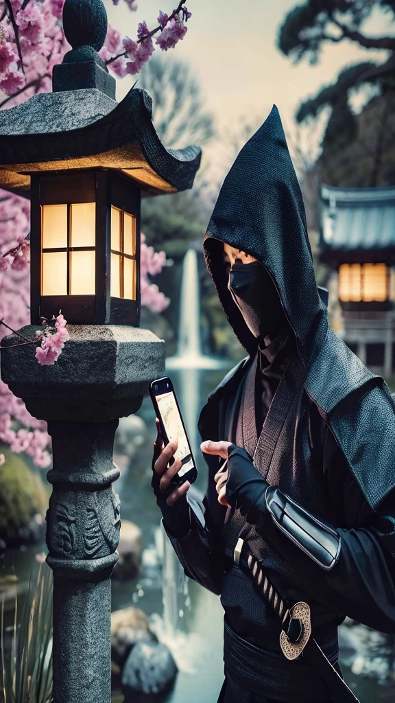 "A ninja in traditional black attire, with a hood and mask covering the face, using a modern smartphone. The setting is a serene Japanese garden with a pond and cherry blossoms in the background. The ninja stands near a stone lantern, subtly illuminated by the lantern's light. The smartphone screen is visible, showing a map. This juxtaposition of ancient and modern themes creates a unique, intriguing scene."