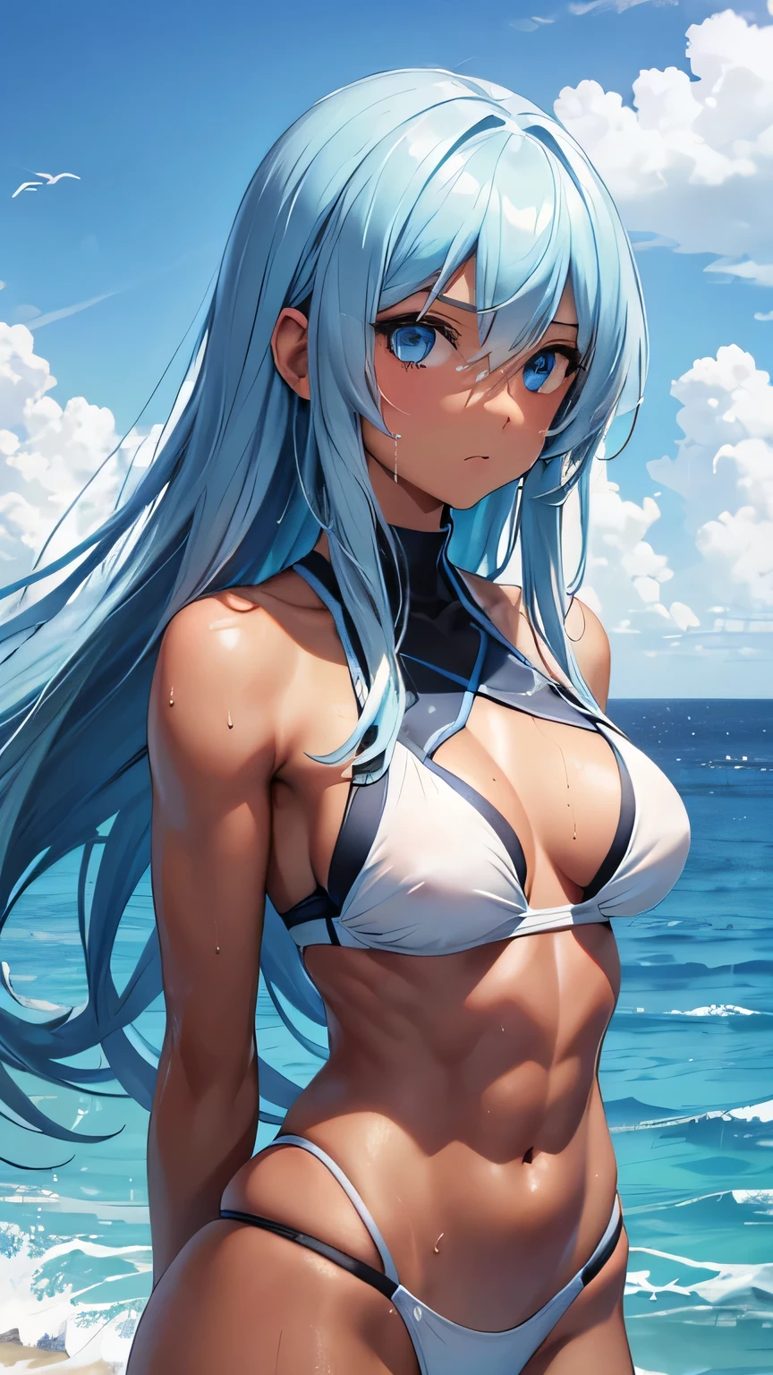 highest quality、Realistic、girl、zoom、Light blue eyes、Long Hair、Light blue swimsuit、Tanned black body、A well-trained body、muscle、Abdominal muscles、AthleteBlondeBlackSkin、slender、Sweat、Arms crossed、Large Breasts、Ocean、Bust Shot