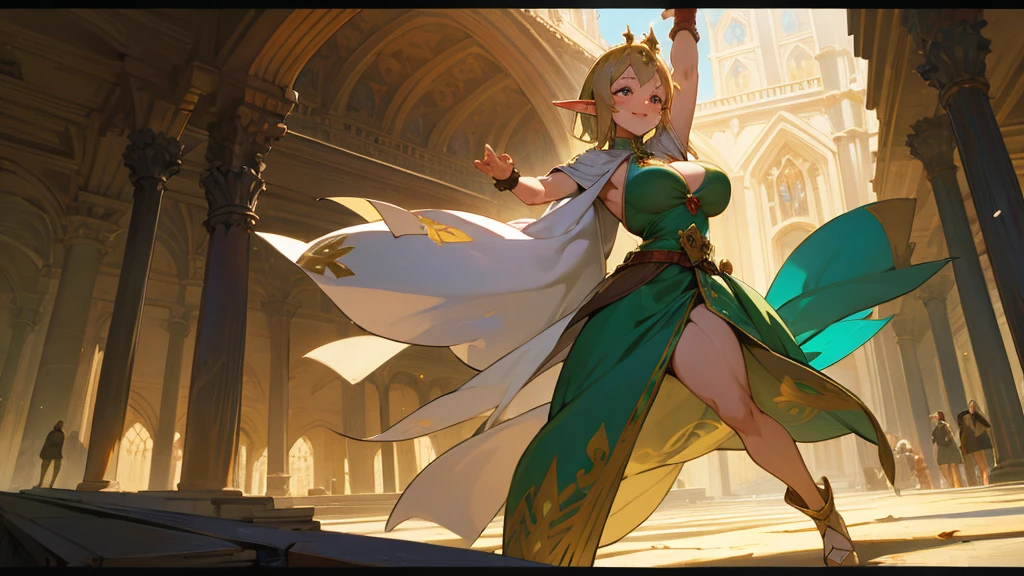 Anime Style,Nostalgic,A detailed background with many people,The medieval world,A palace-like cave,Smiling dancing elf girl,Large Breasts,Healthy thighs,Underarm