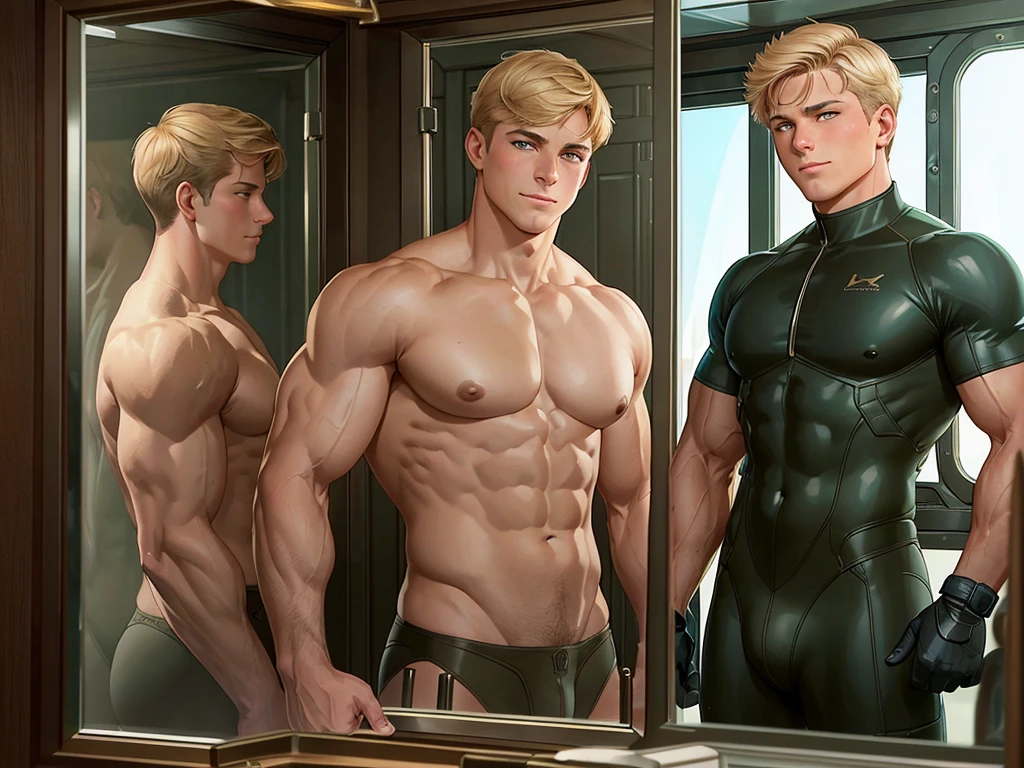 illustration in Leyendecker style; The girl deepthroats and sucks the big dick of the seal LT. Troy Adams. Standing 6'2" with ripped muscles trained as a Marine, he was ready. He looked into the mirror on the ship's bunk wall, applying camouflage to his 22-year-old face. His green eyes reflected his strong arrogant confidence. A smile appeared on his face as he covered his short blond hair. He looked at his reflection while adjusting his deep-sea rubber suit. It showed every curve of his toned body. He knew he was built well. He was ready!