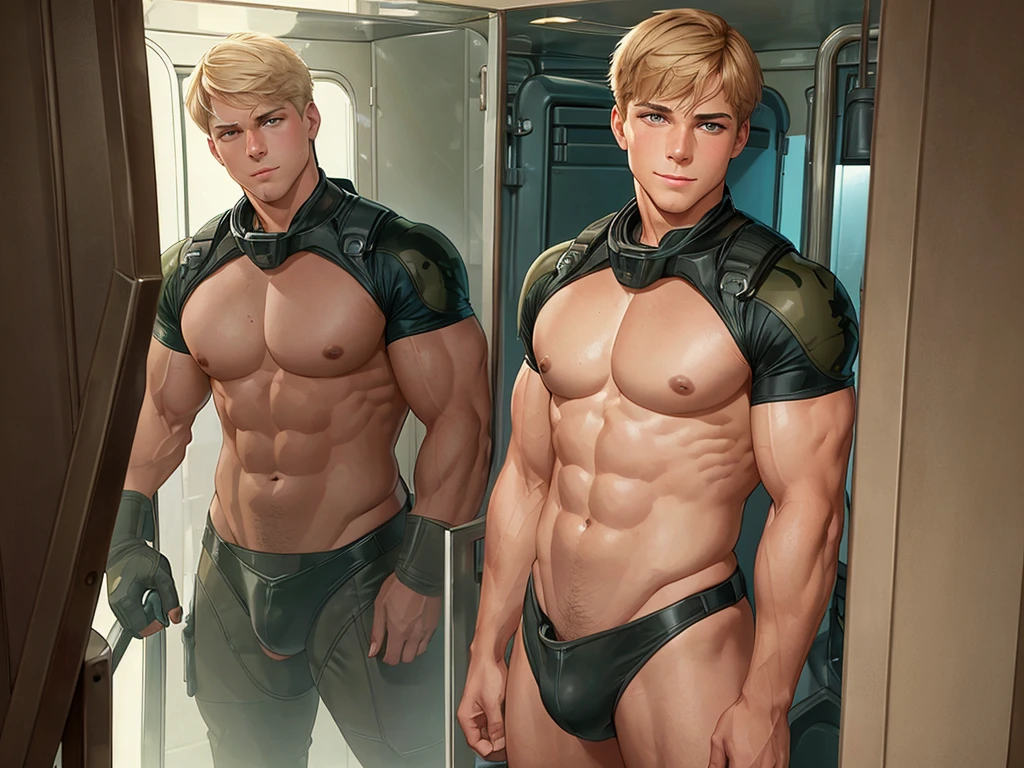 illustration in Leyendecker style; The girl deepthroats and sucks the big dick of the seal LT. Troy Adams. Standing 6'2" with ripped muscles trained as a Marine, he was ready. He looked into the mirror on the ship's bunk wall, applying camouflage to his 22-year-old face. His green eyes reflected his strong arrogant confidence. A smile appeared on his face as he covered his short blond hair. He looked at his reflection while adjusting his deep-sea rubber suit. It showed every curve of his toned body. He knew he was built well. He was ready!