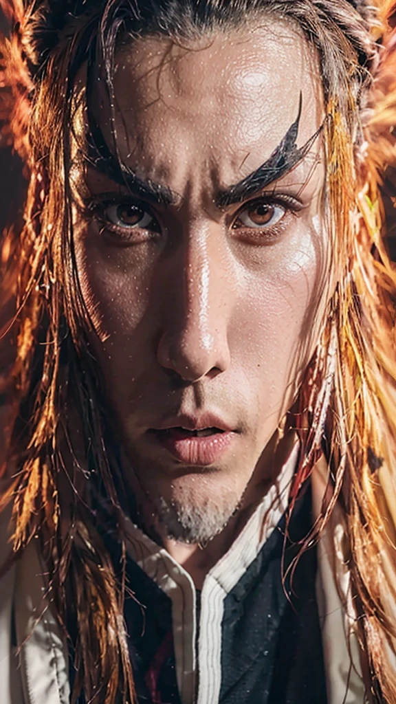 Kioguro rengoku from the anime kimetsu no yaiba how it would look in live action or real life, to show full body, At the bottom I leave you a photograph of his face 