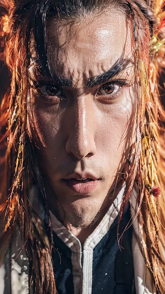 Kioguro rengoku from the anime kimetsu no yaiba how it would look in live action or real life, to show full body, At the bottom I leave you a photograph of his face