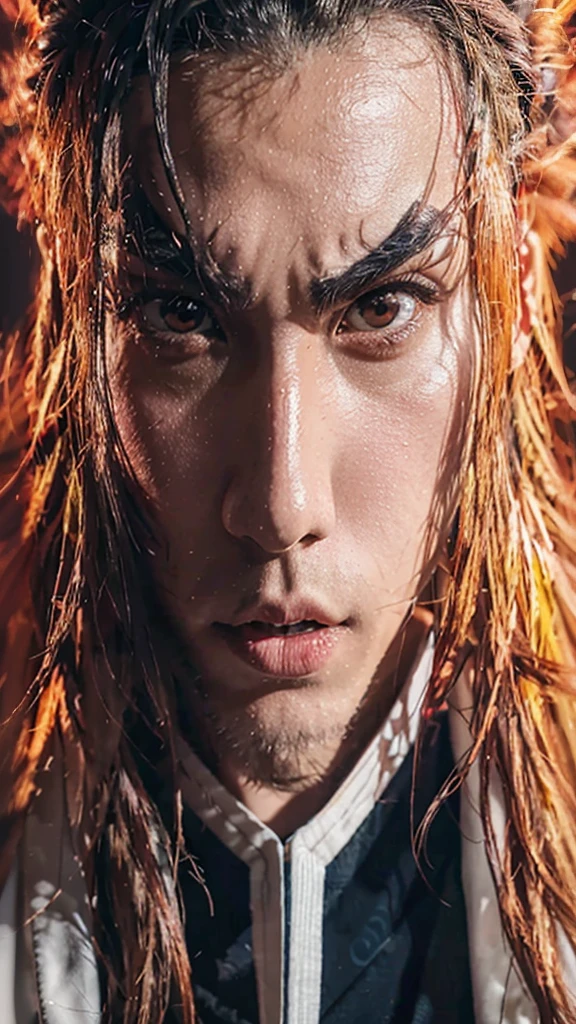 Kioguro rengoku from the anime kimetsu no yaiba how it would look in live action or real life, to show full body, At the bottom I leave you a photograph of his face