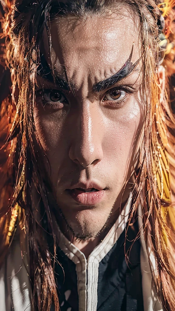 Kioguro rengoku from the anime kimetsu no yaiba how it would look in live action or real life, to show full body, At the bottom I leave you a photograph of his face 