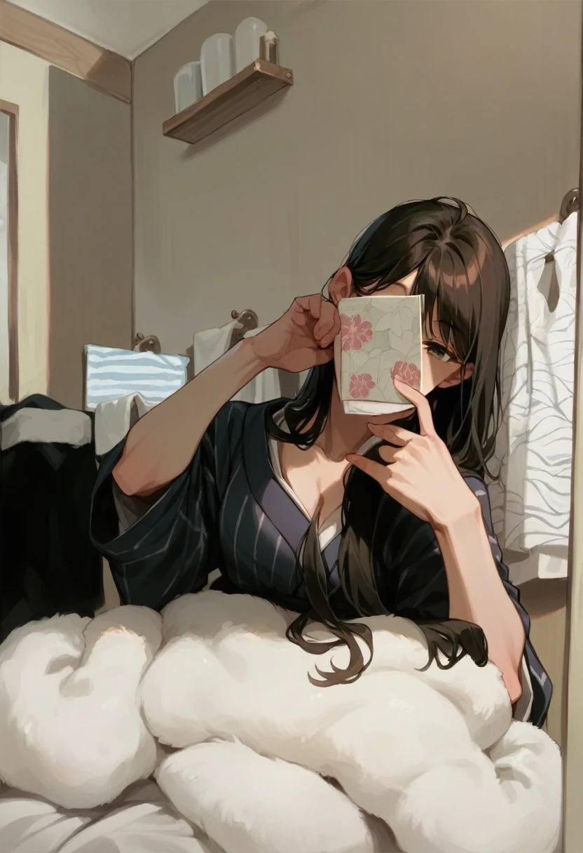 looking at the audience,( Fitting room:1.3),(happy,Smile),(yukata_1.6)