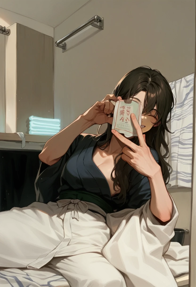 looking at the audience,( Fitting room:1.3),(happy,Smile),(yukata_1.6)