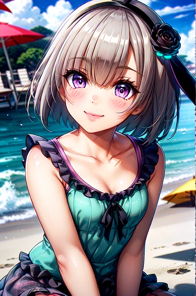 very cute and beautiful girl,(Very exquisite beautiful face and eyes),short hair、Purple Eyes、Ahoge、hair ornaments、Gray Hair、(((Pink camisole))),(((Cute frilled petticoat))),
(smile:1.2),Happy,View your viewers,Cowboy Shot,Detailed legs,Beach,Tropical Resort,
(Highest quality,masterpiece),Absurd,High resolution,Super detailed,Very detailed,32k,8K resolution,
Intricate details,Movie Scenes,Detailed Background,alone,Dynamic Angle,
Natural light,Hair blowing in the wind,Beautifully detailed skies,