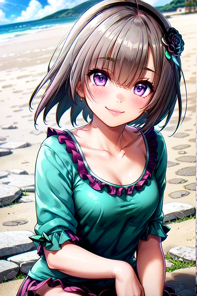 very cute and beautiful girl,(Very exquisite beautiful face and eyes),short hair、Purple Eyes、Ahoge、hair ornaments、Gray Hair、(((Pink camisole))),(((Cute frilled petticoat))),
(smile:1.2),Happy,View your viewers,Cowboy Shot,Detailed legs,Beach,Tropical Resort,
(Highest quality,masterpiece),Absurd,High resolution,Super detailed,Very detailed,32k,8K resolution,
Intricate details,Movie Scenes,Detailed Background,alone,Dynamic Angle,
Natural light,Hair blowing in the wind,Beautifully detailed skies,